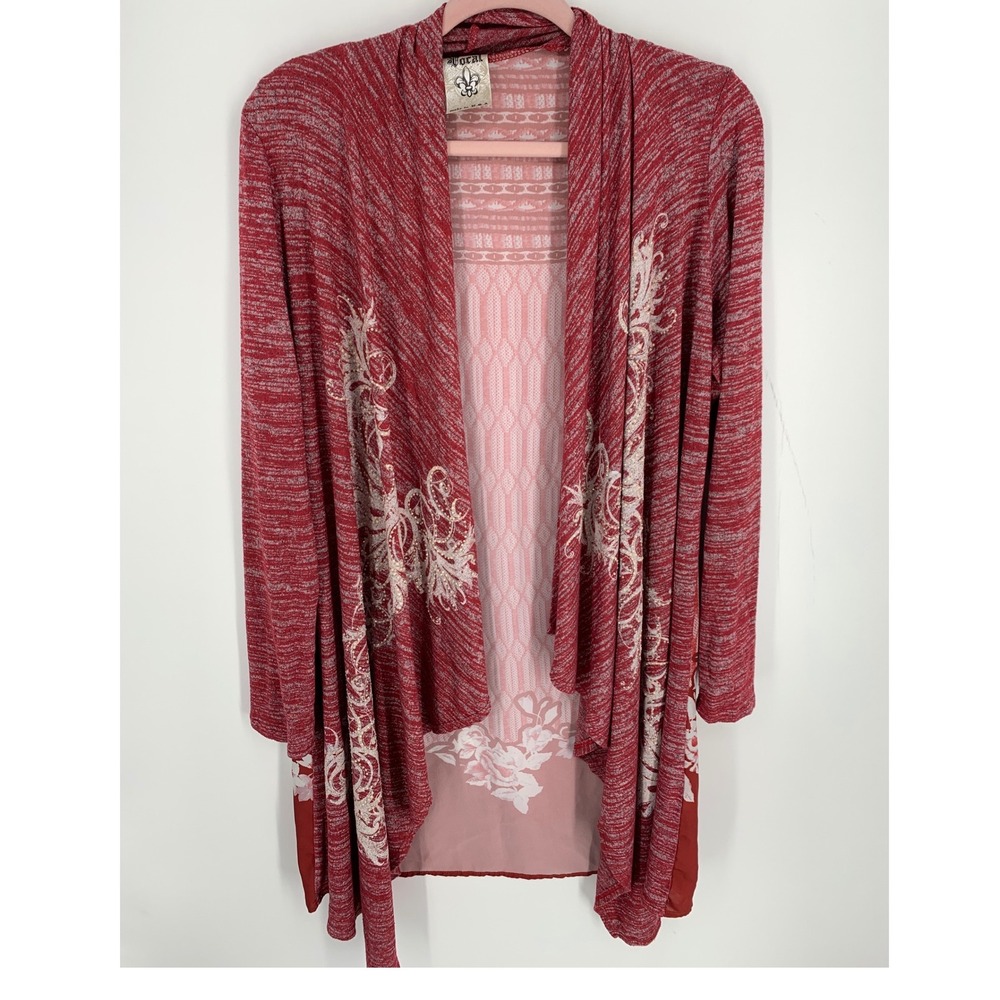 Vocal Womens Red Space Dye Studded Floral Sheer Back Open Cardigan Large